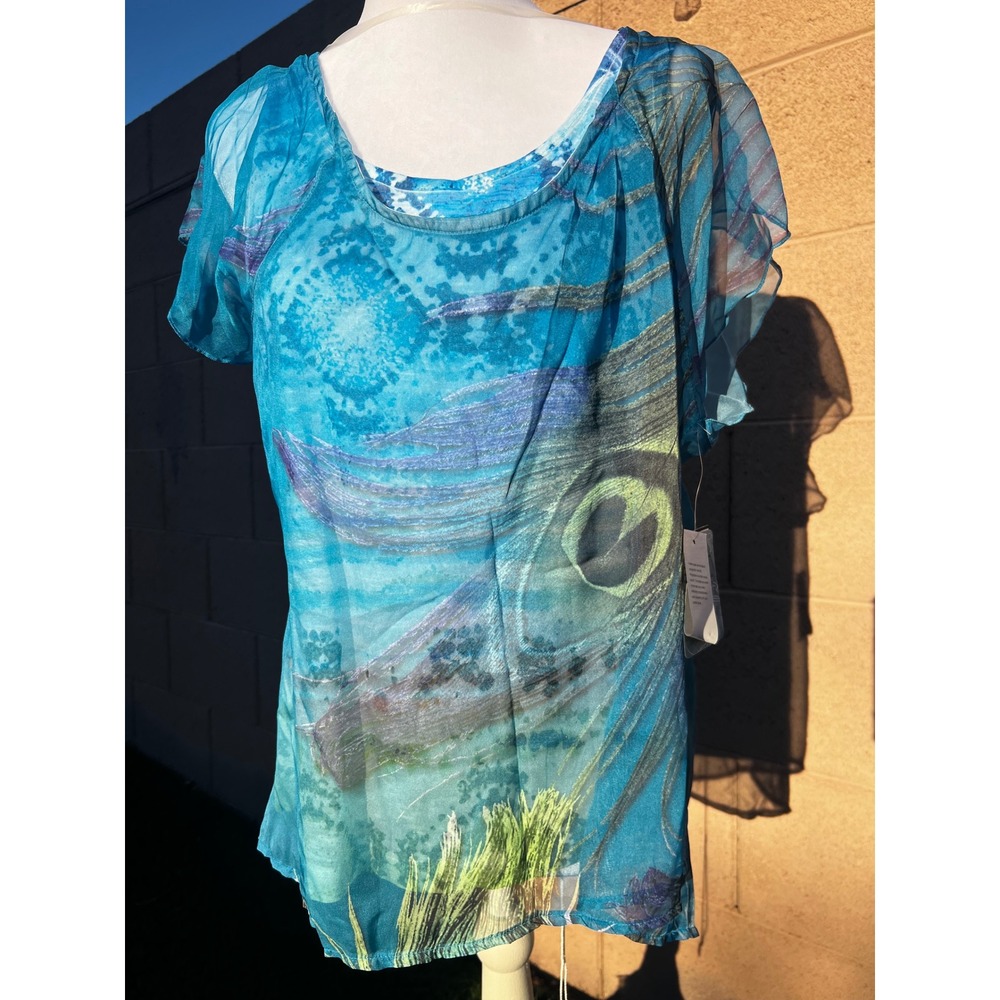 Unity World Wear Petite Blue Peacock Feather Print 2-Piece Blouse Set PM